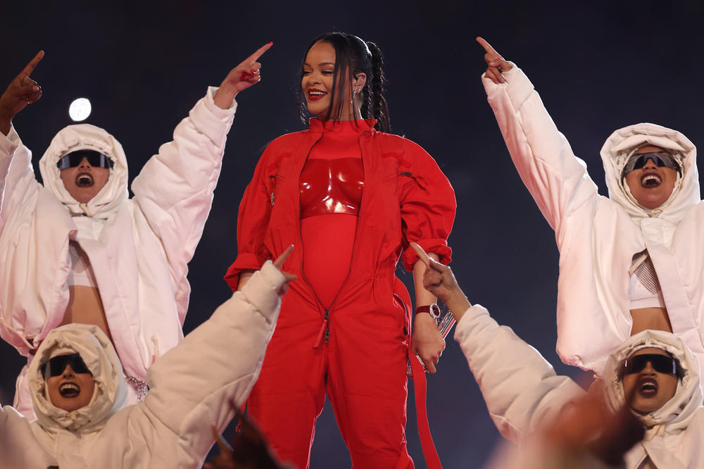 Rihanna performs during the Super Bowl LVII halftime Show.