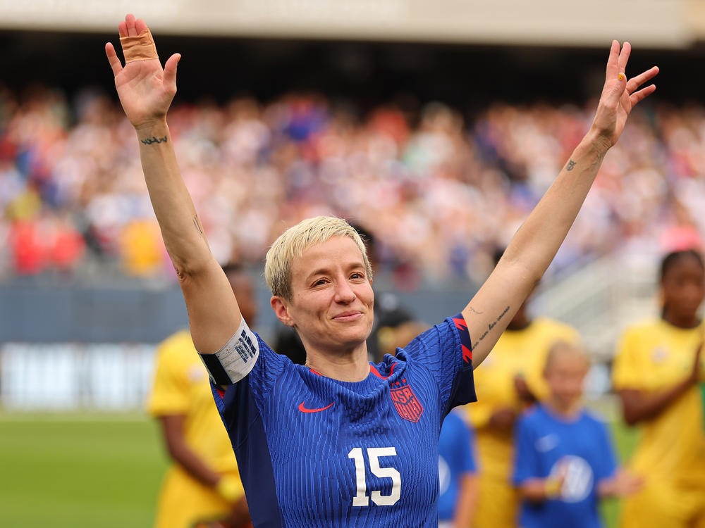 Megan Rapinoe waves to the crowd before her final game on the U.S. national team on Sunday in Chicago.