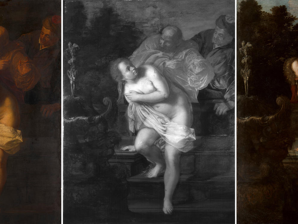<em>Susanna and the Elders</em>, painted by Artemisia Gentileschi, is seen here in its before-conservation condition; seen through infrared reflectography; and in its restored state.