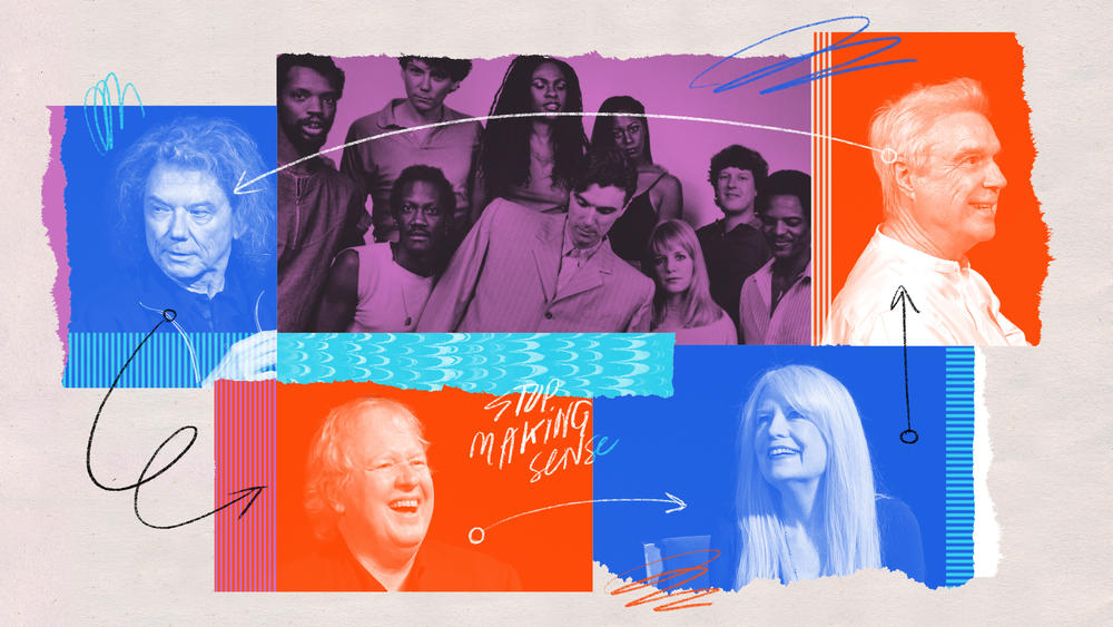 The members of Talking Heads — Jerry Harrison, Chris Frantz, Tina Weymouth and David Byrne — today and as they appeared in 1983 with their live band, for the concerts that would become the film <em data-stringify-type=