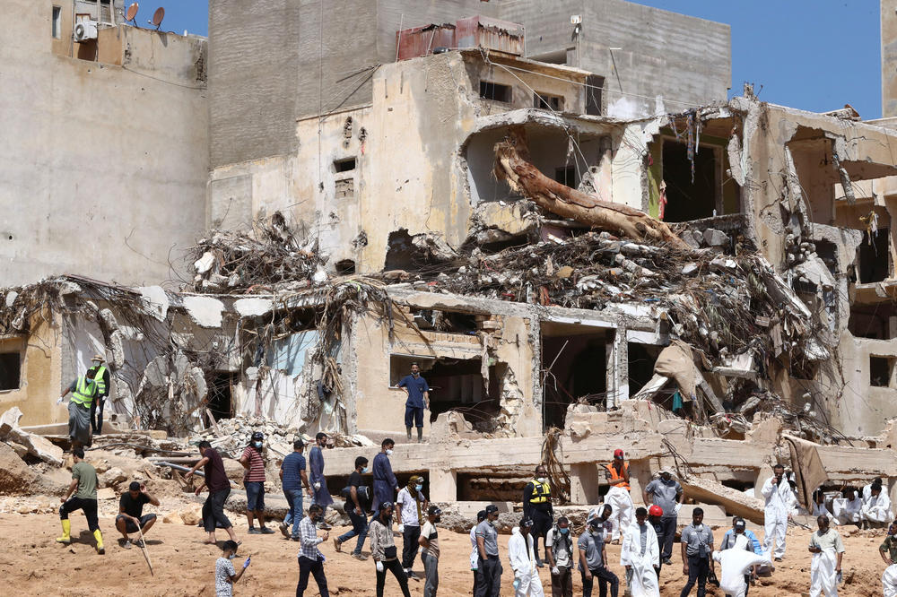 Search and rescue personnel work in Derna, Sept. 16.