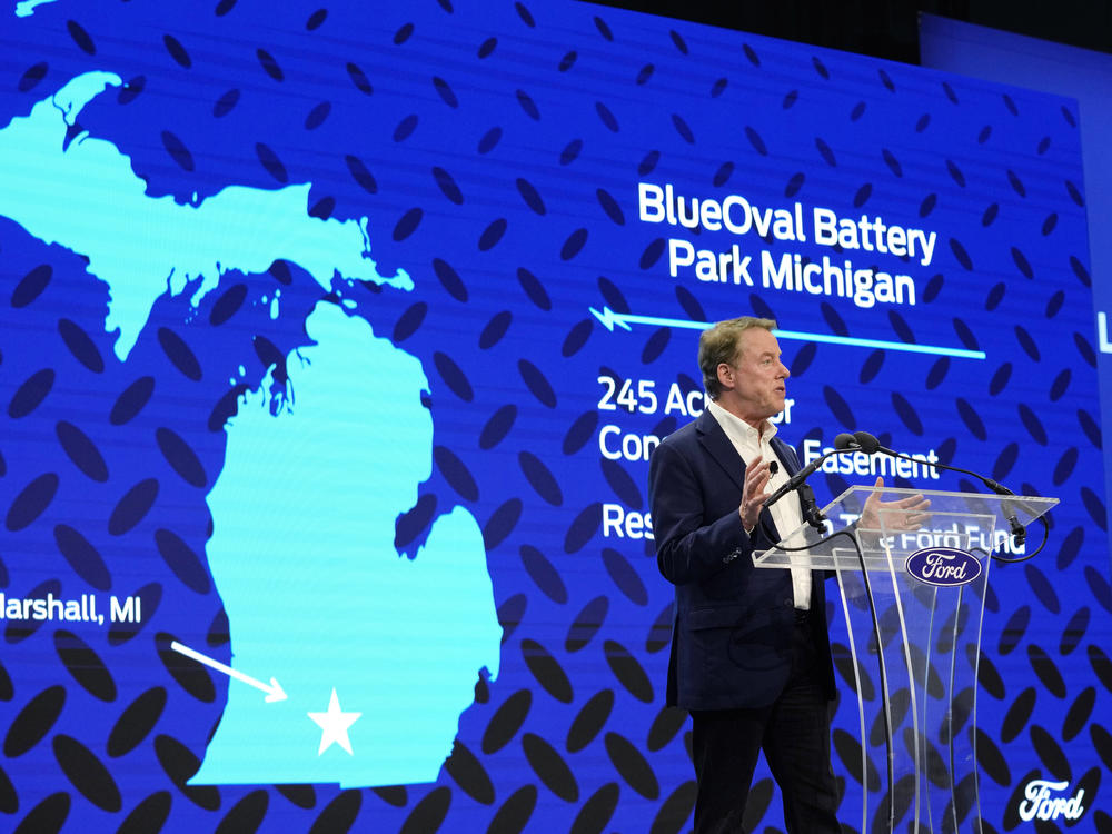 Ford Motor Co. Executive Chairman Bill Ford announces the automaker's new BlueOval Battery Park, Feb. 13, 2023, in Romulus, Mich.
