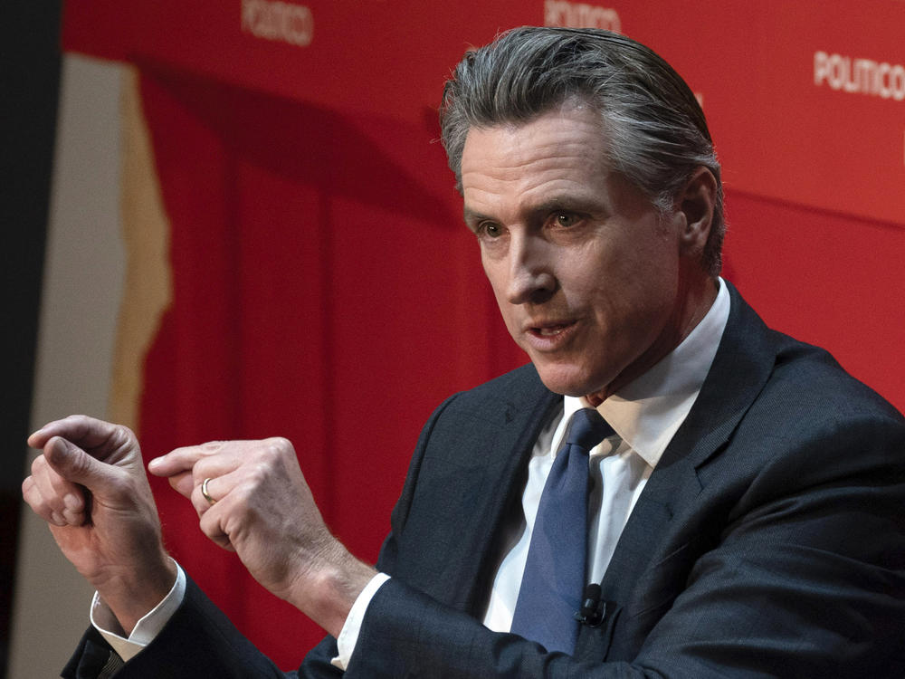 California Gov. Gavin Newsom speaks during an interview in Sacramento, Calif., on Tuesday, Sept. 12, 2023. Newsom signed a bill on Monday, Sept. 25, 2023, to ban school boards from rejecting textbooks based on their teachings about the contributions of people from different racial backgrounds, sexual orientations and gender identities, calling the measure 