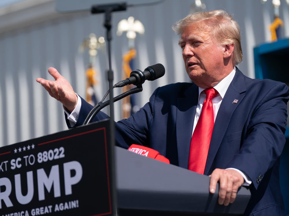 Former President Donald Trump speaks to a crowd during a campaign rally on Sept. 25, 2023 in Summerville, S.C.