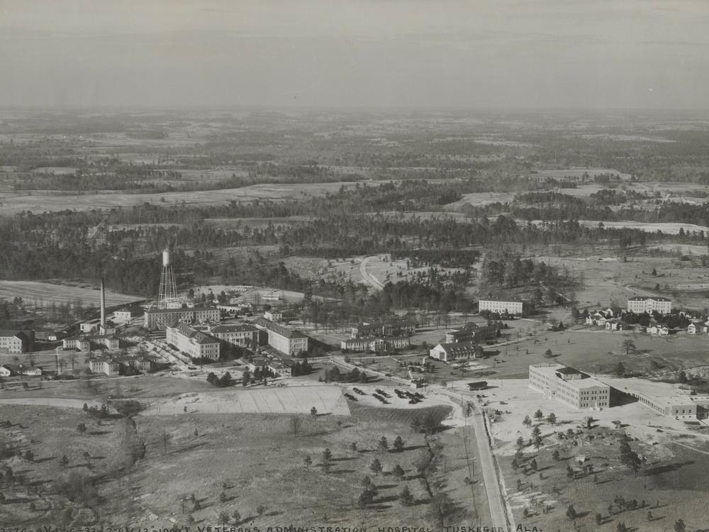 An aerial view of the historic Tuskegee VA hospital campus. It was established in 1923 specifically to treat Black veterans on land donated by nearby Tuskegee Institute, now Tuskegee University.