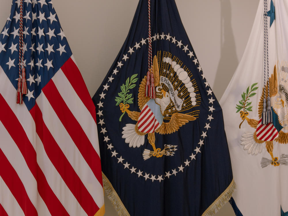 The presidential flag (center) is hand embroidered.