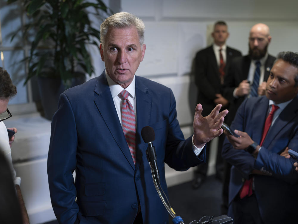 Speaker of the House Kevin McCarthy, R-Calif., talks to reporters about avoiding a government shutdown and launching an impeachment inquiry into President Joe Biden.