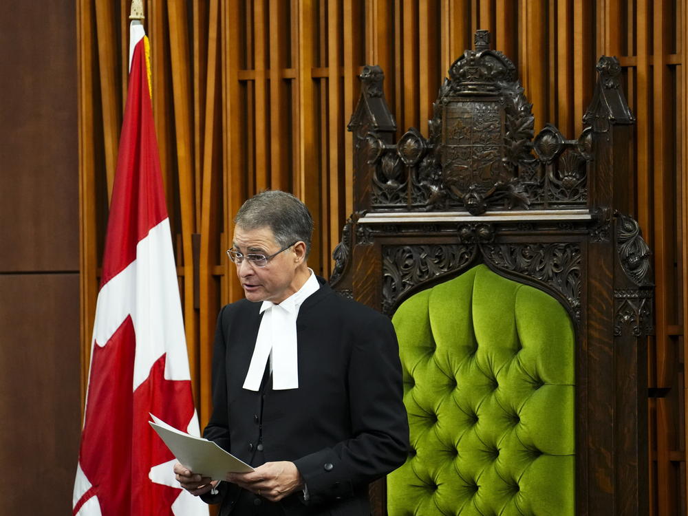 The Speaker of the House of Commons Anthony Rota delivers a speech following an address by Ukrainian President Volodymyr Zelenskyy in the House of Commons on Parliament Hill in Ottawa on Friday, Sept. 22, 2023.