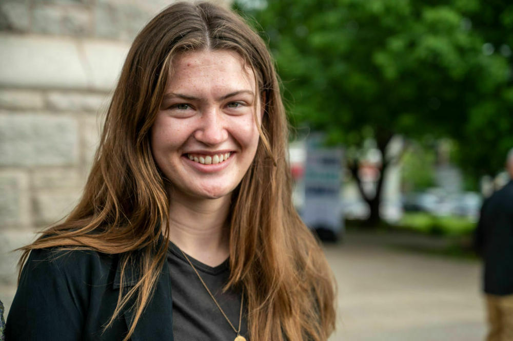 Rikki Held, 22, arrives for the United States' first youth climate-change trial at Montana's 1st Judicial District Court in Helena, Mont., on June 12. She was one of 16 young plaintiffs, ages 5 to 22, who sued the state for promoting fossil fuel energy policies that they say violate their constitutional right to a 