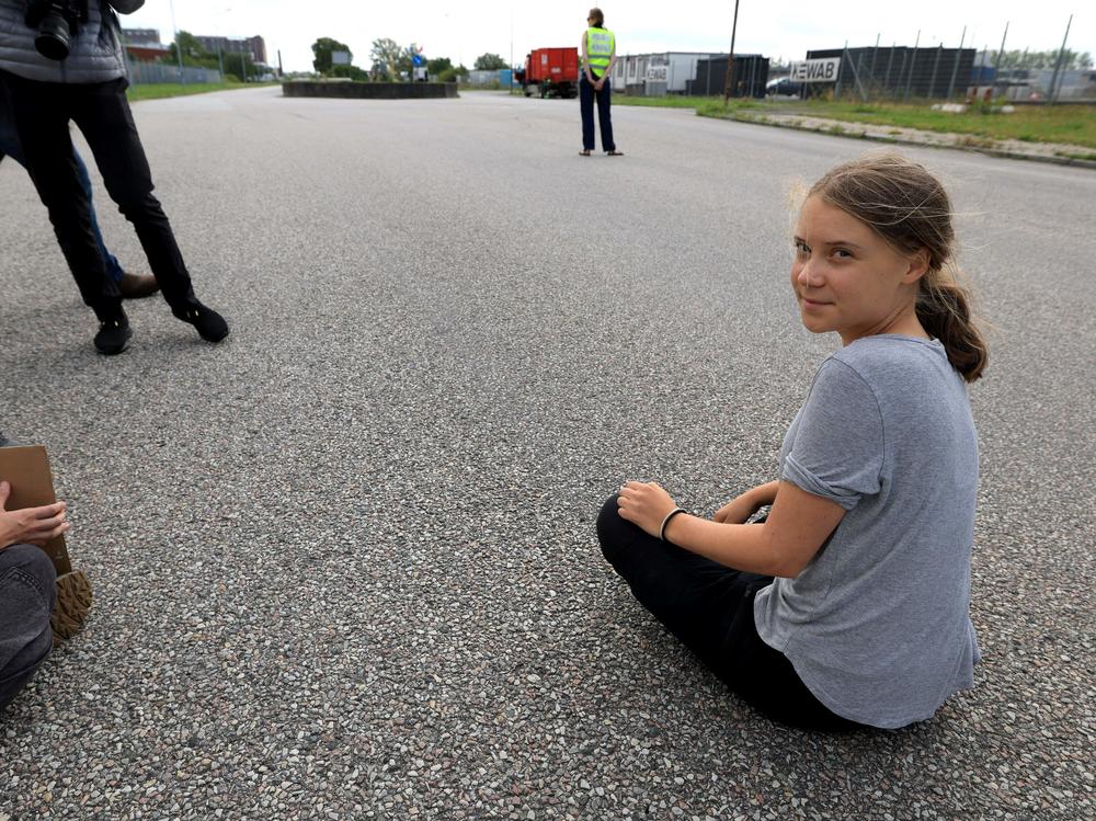 The Swedish climate activist Greta Thunberg protests by blocking the entrance to Oljehamnen neighbourhood in Malmoe, Sweden, on July 24, 2023.
