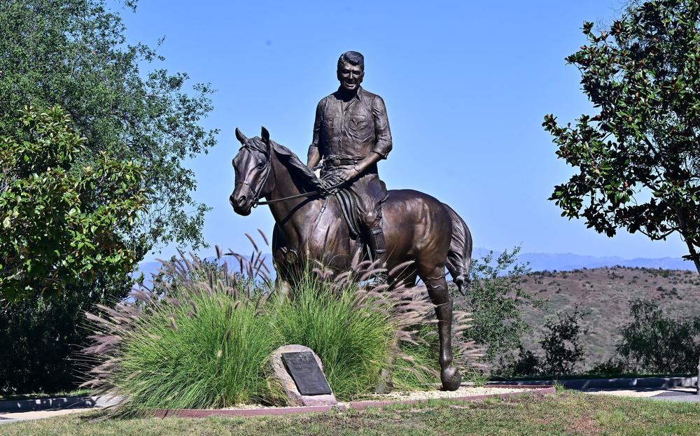 A statue of Reagan riding a horse is displayed at the Ronald Reagan Presidential Library on the eve of the second Republican presidential primary debate.