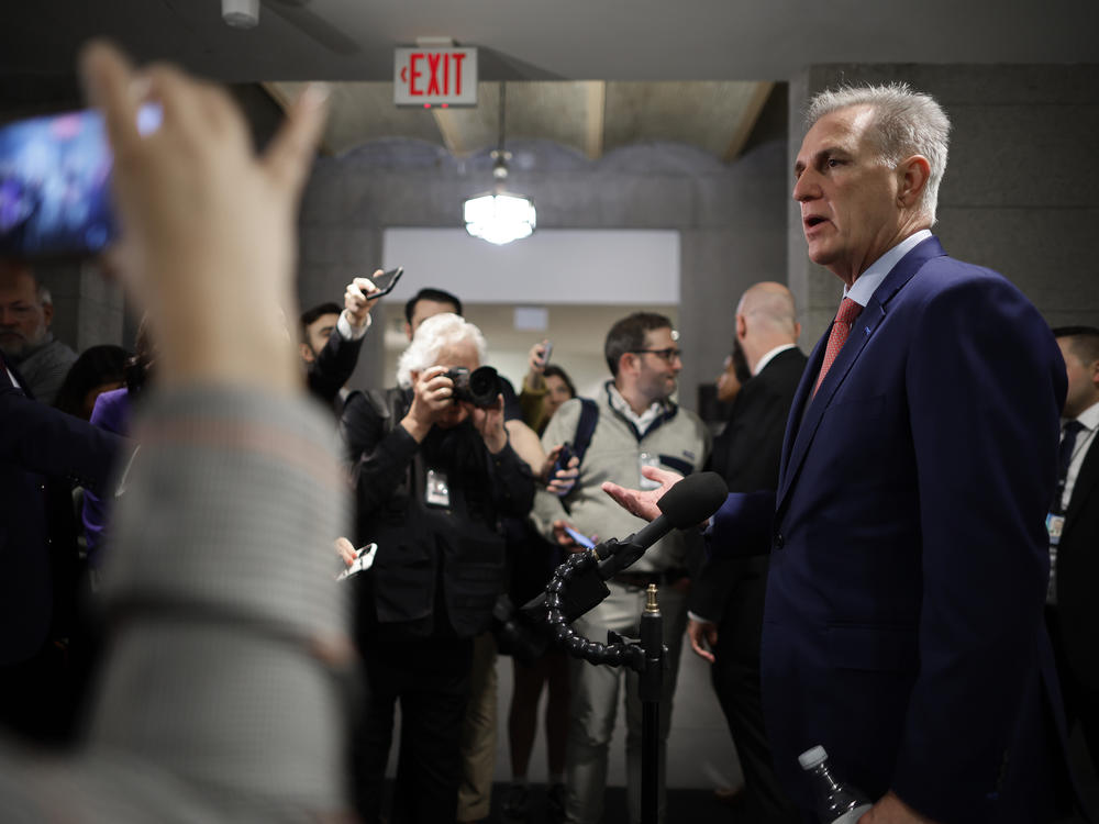 Speaker of the House Kevin McCarthy, R-Calif., talks to reporters following a House Republican caucus meeting at the U.S. Capitol on Wednesday.