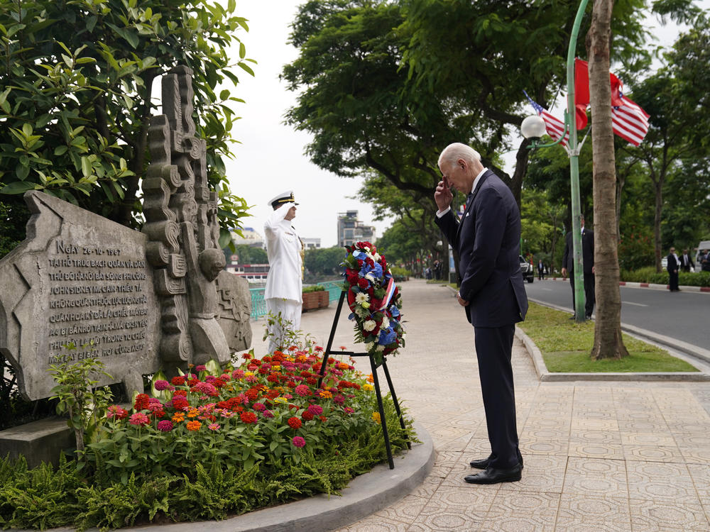 On his recent trip to Vietnam, President Biden visited a monument to Sen. John McCain on Sept. 22, 2023. McCain spent more than five years a prisoner of war in Hanoi during the Vietnam War.
