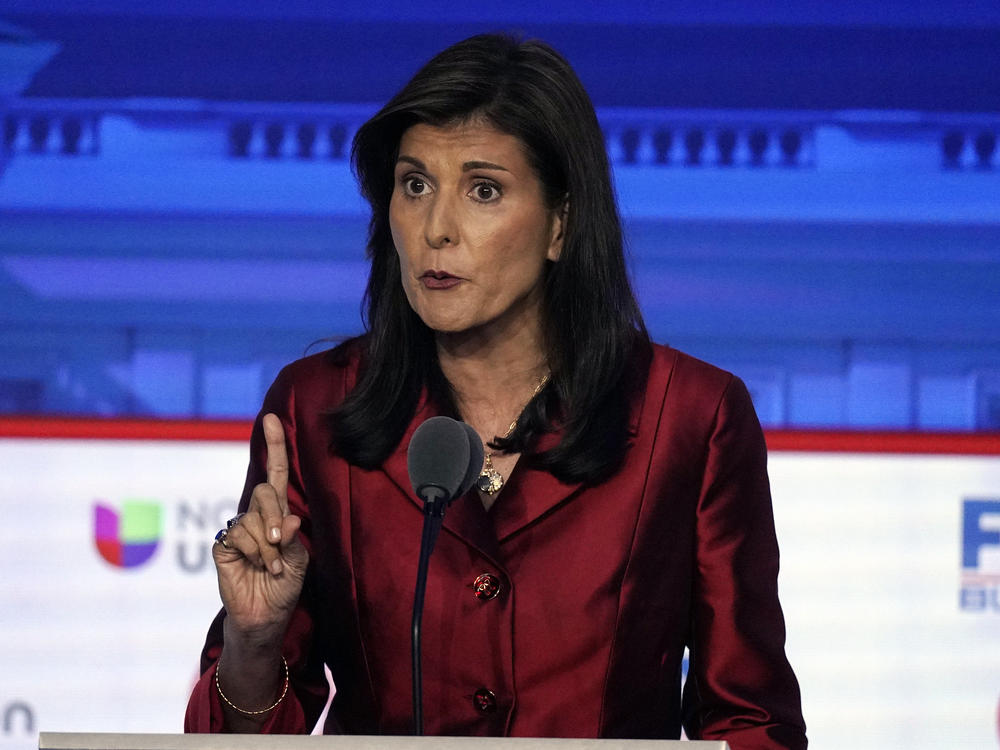 Former U.N. Ambassador Nikki Haley speaks during a Republican presidential primary debate on Wednesday at the Ronald Reagan Presidential Library in Simi Valley, Calif.