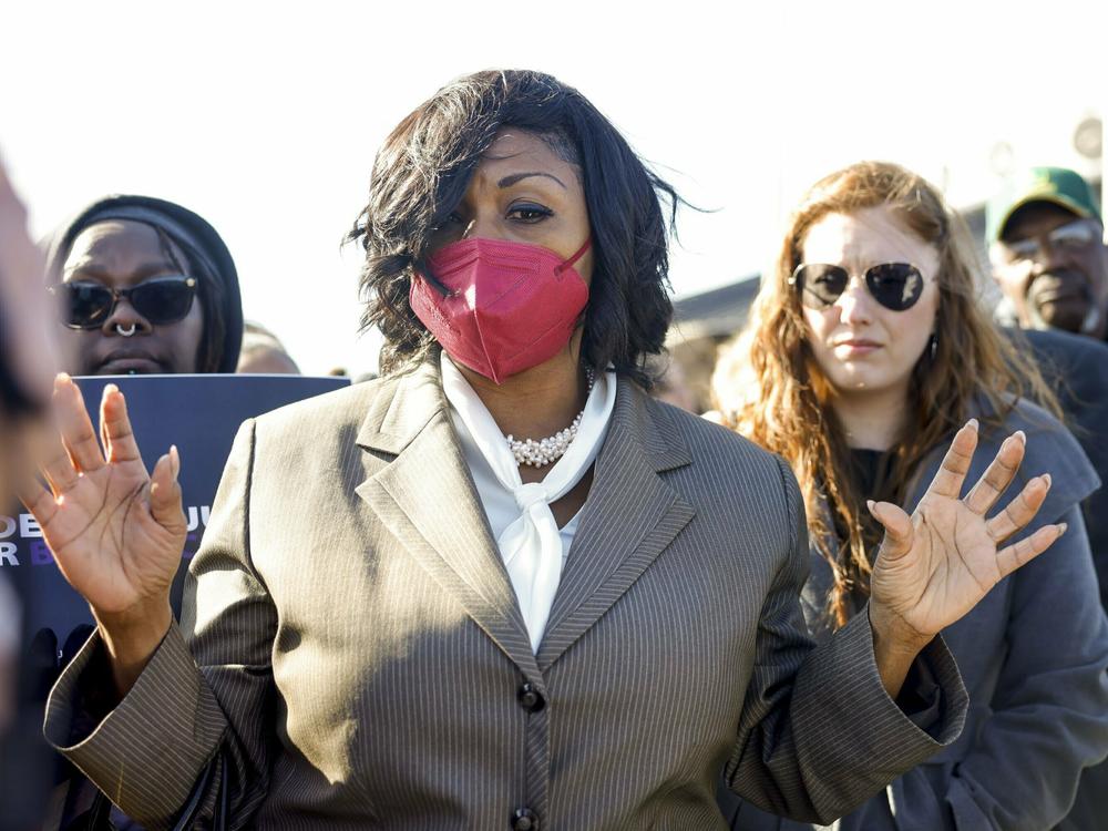 Plaintiff Rhonda Grayson speaks outside of the Muscogee Nation court building after a hearing challenging the Muscogee citizenship board on Thursday, Dec. 1, 2022, in Okmulgee, Okla.