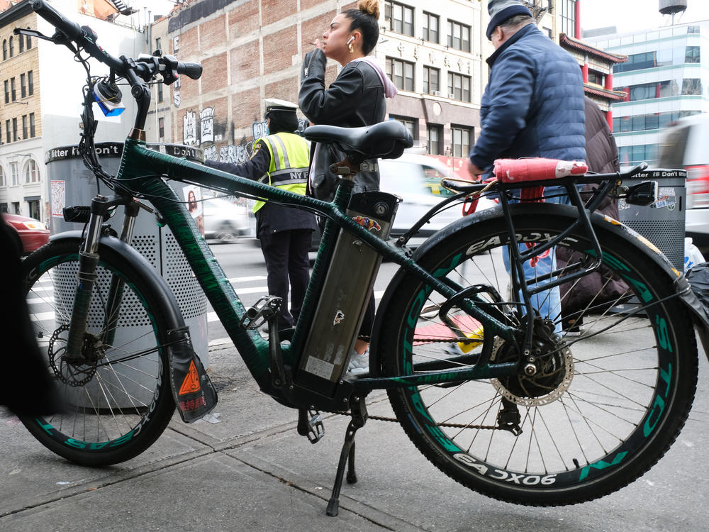 An electric bicycle stands parked in the streets of Manhattan on Nov. 15, 2022, in New York City.