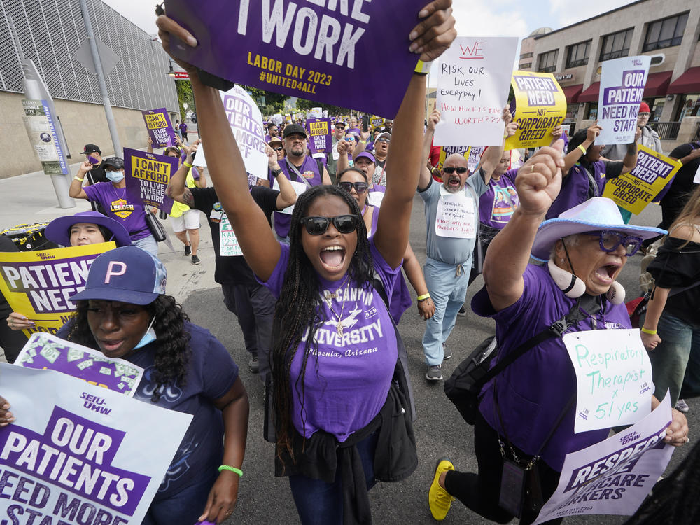 Frontline health care workers hold a demonstration on Labor Day outside Kaiser Permanente Los Angeles Medical Center in Los Angeles, Monday, Sep. 4, 2023.