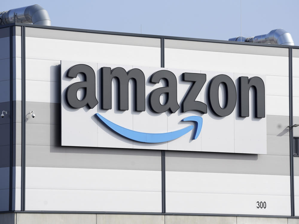 An Amazon company logo marks the facade of a building in Schoenefeld near Berlin, March 18, 2022.