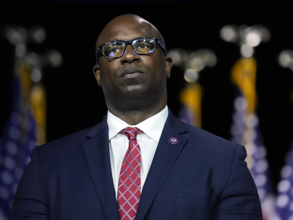 Rep. Jamaal Bowman, D-N.Y., listens to fellow speakers before President Biden speaks on the debt limit during an event at SUNY Westchester Community College on May 10, 2023, in Valhalla, N.Y.