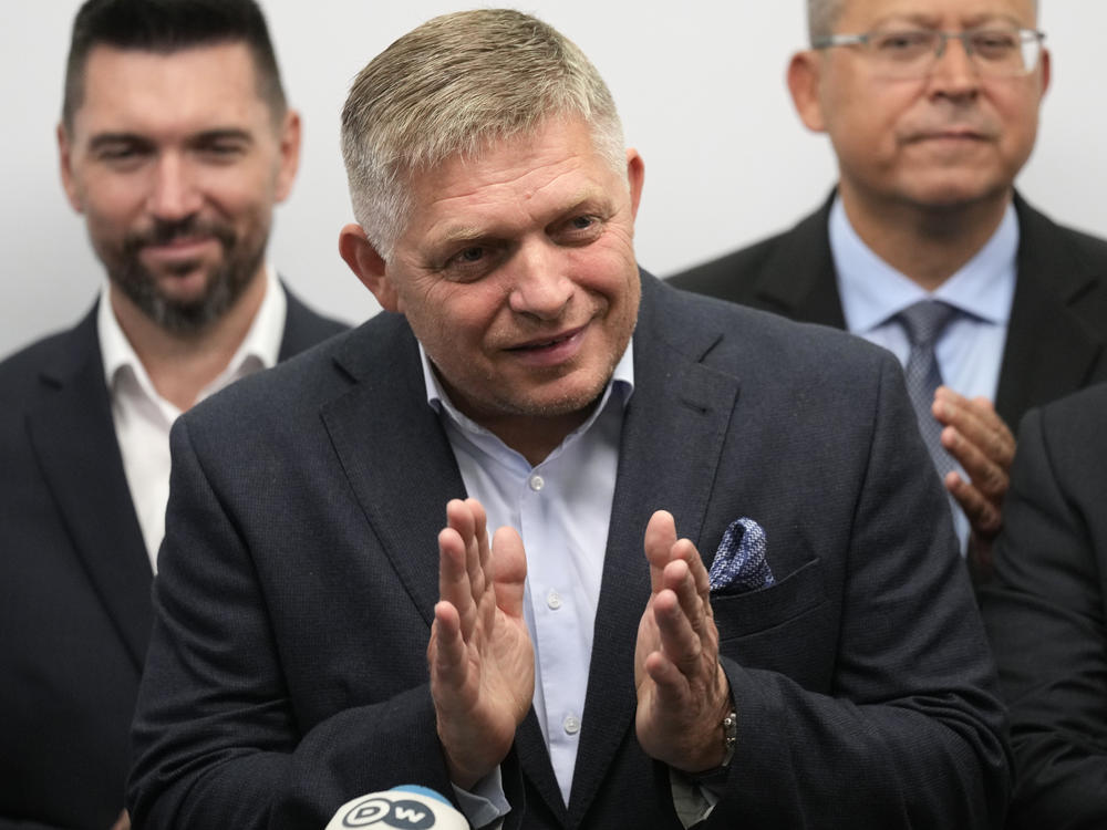 Chairman of Smer-Social Democracy party Robert Fico, center, adresses the results of an early parliamentary election during a press conference in Bratislava, Slovakia, on Sunday, Oct. 1, 2023.
