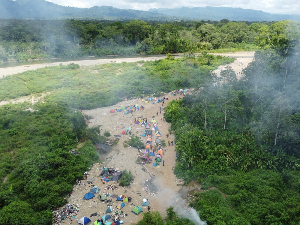 Hundreds of people sleep in tents each day outside Bajo Chiquito, the first village that migrants encounter in Panama after making the grueling trek across the Darién jungle.