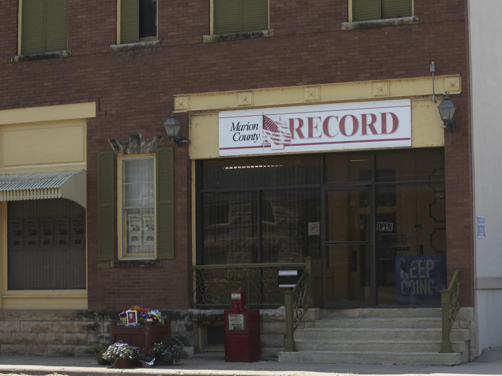 The offices of the Marion County Record weekly newspaper sit across the street from the Marion County, Kan., Courthouse, Aug. 21, 2023, in Marion. The police chief who led the August raid on the small weekly newspaper in central Kansas has resigned, just days after he was suspended from his post, a City Council member confirmed Monday, Oct. 2, 2023.