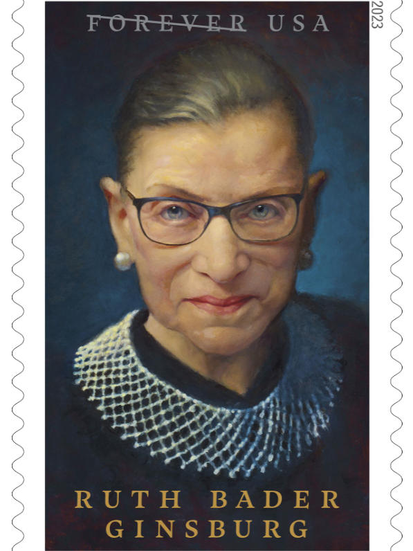 Ruth Bader Ginsburg's portrait for a new Forever stamp from the U.S. Postal Service is based on a 2017 photograph taken in her office at the Supreme Court.