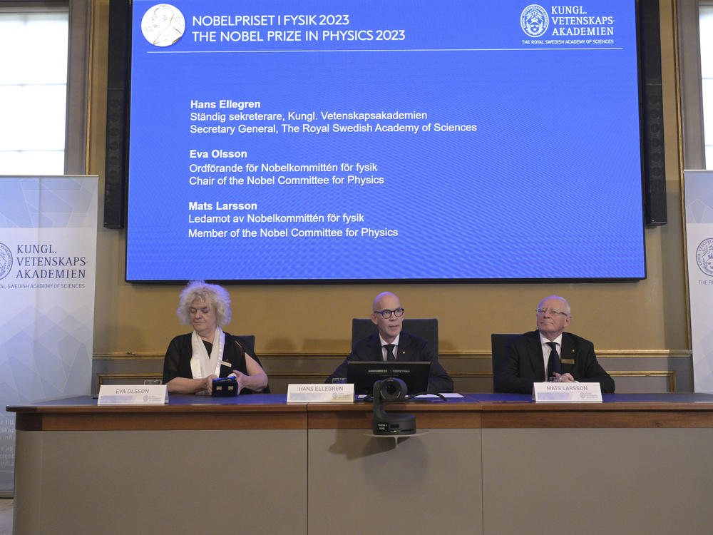 A panel of the Royal Academy of Sciences, in Stockholm, announces the winner of the 2023 Nobel Prize in Physics on Tuesday.