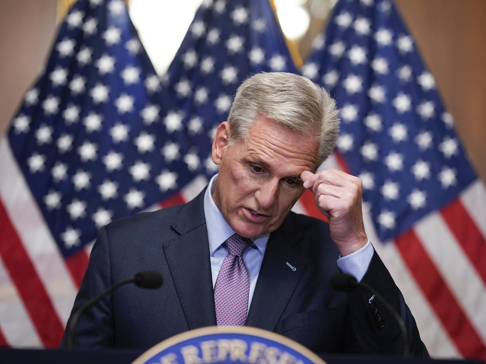 Rep. Kevin McCarthy, R-Calif., speaks to reporters hours after he was ousted as speaker of the House on Tuesday.