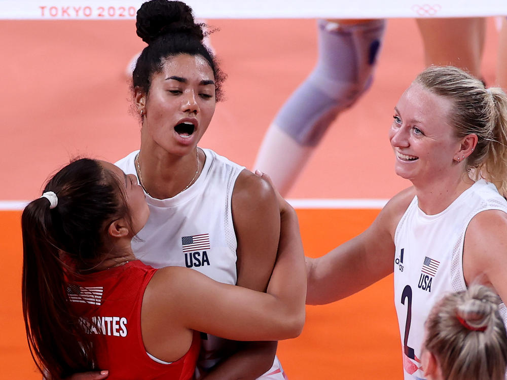 League One Volleyball has signed U.S. Olympians such as (from left) Justine Wong-Orantes, Jordan Thompson and Jordyn Poulter. The three are seen here during the Tokyo 2020 Olympic Games, where they won gold.