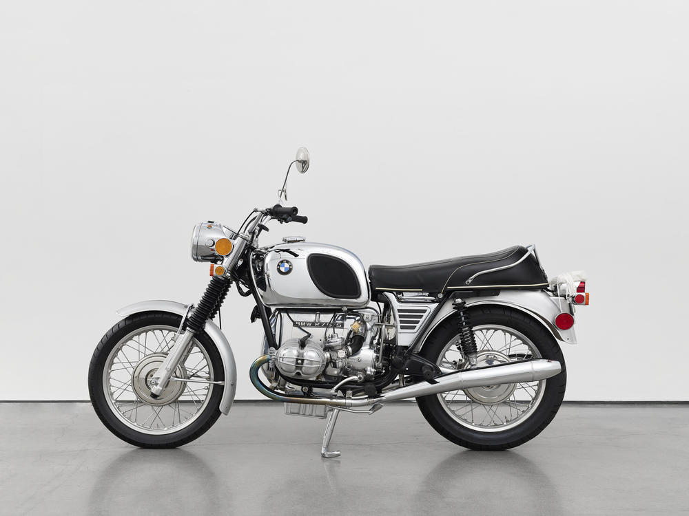 Tiona Nekkia McClodden, <em>The Lover, off the road (after Barbara)</em>, 1972-2021. Black paint and metal chrome on BMWR75/5 motorcycle.