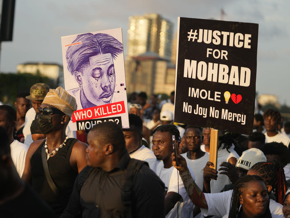 People take part in a protest on Sept. 21 in Lagos, Nigeria, to demand justice following the death of Afrobeats star Mohbad.