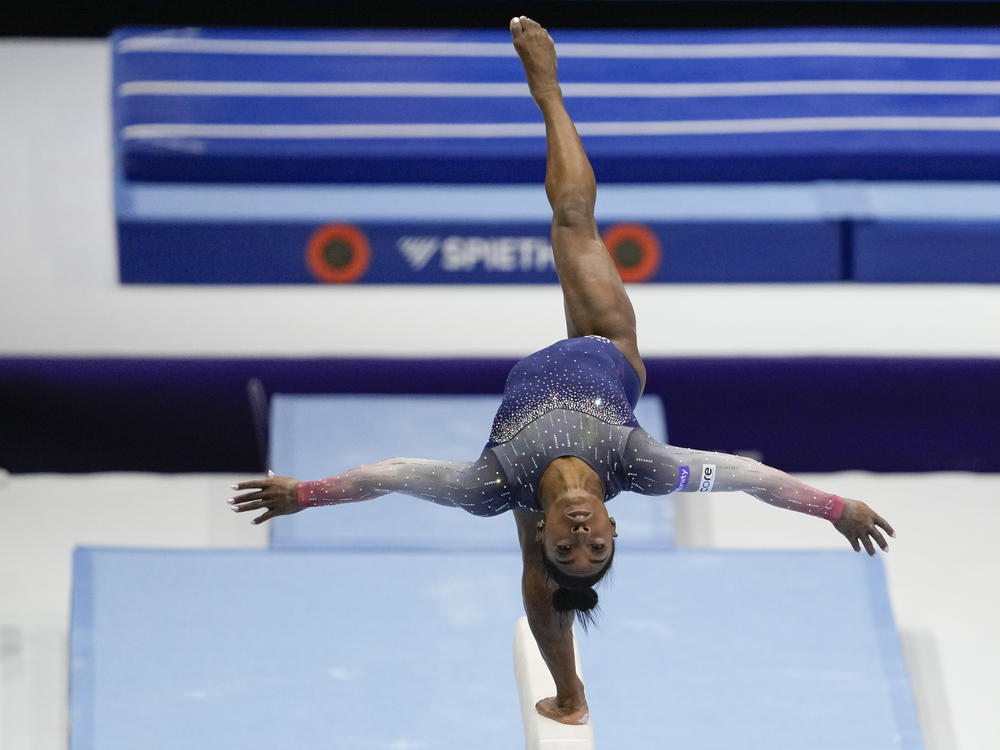 Simone Biles of the United States competes on the beam during the women's team final at the Artistic Gymnastics World Championships in Antwerp, Belgium, on Wednesday.