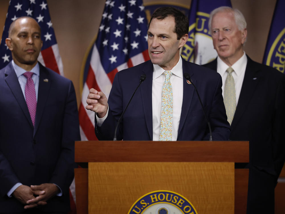 Army veteran Rep. Jason Crow, D-Colo., speaks at a May 23, 2023 event. Crow says U.S. spending on Ukraine is a 