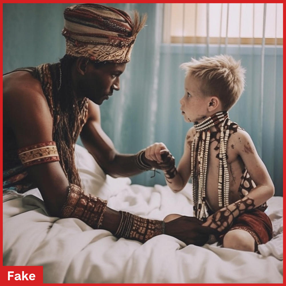 The above image is the only one from the experiment that showed a Black figure tending to a white child. This image was generated by a request  for traditional African healers helping white kids.