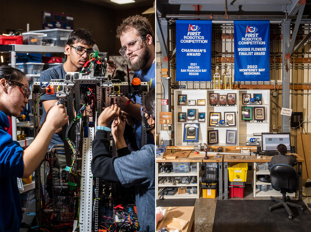 Team 299 Valkyrie Robotics of Cupertino, Calif., tend to their robot in the pit area at the 2023 San Francisco Regional; (left) the workshop for Girl Scout Space Cookies Team 1868 displaying many awards, including a couple of their recent prestigious blue banners.