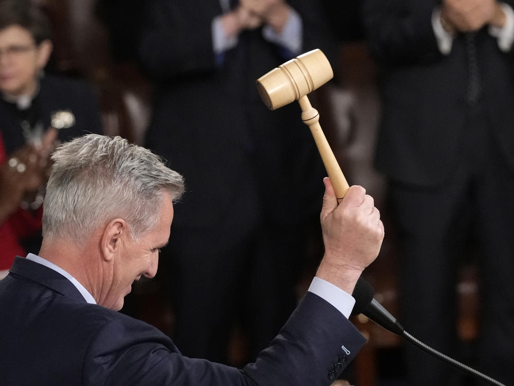 Kevin McCarthy of Calif., then the newly elected speaker of the House, picks up the gavel as he begins to speak in the House chamber on Jan. 7.