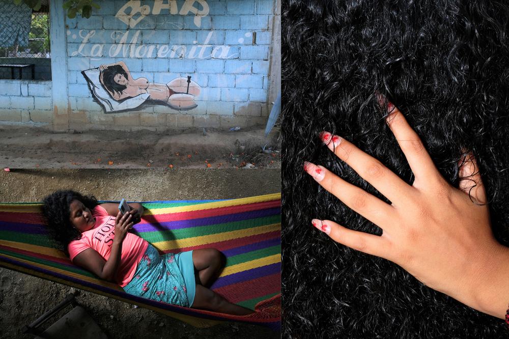 <strong>Left: </strong>One of the streets painted in the community of San Marquitos Oaxaca and Marlene, one of Emma's daughters, resting on a hammock. <strong>Right:</strong><em> </em>Hair of a young Afro-descendant woman touched by another woman during one of the activities of the sixth Afro-descendant women's meetings in the Costa Chica of Oaxaca.