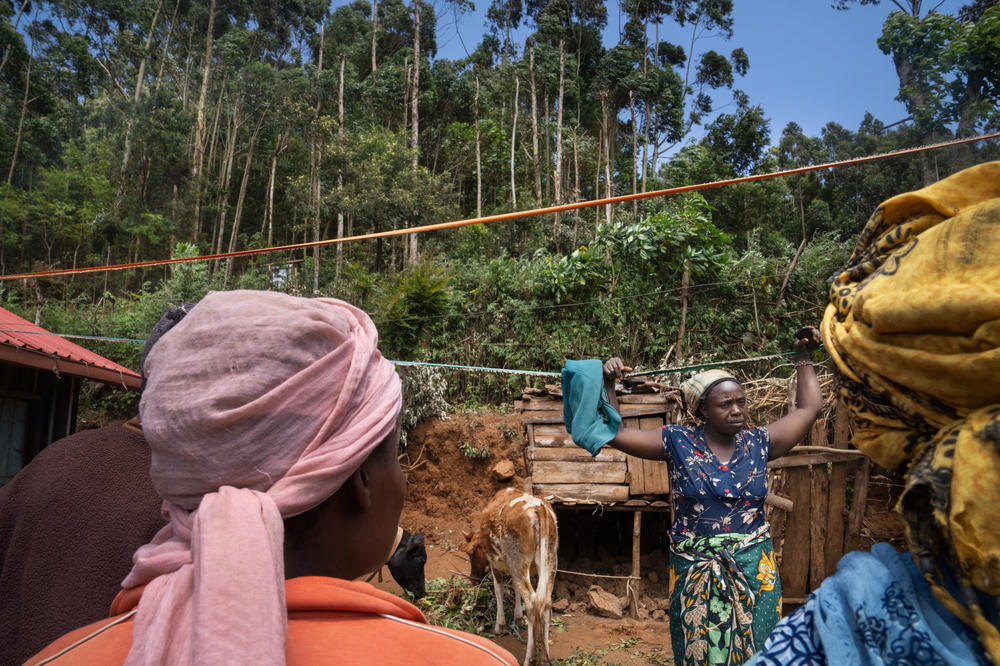 Rudia Nyuroka talks with neighbors in her yard. They all collect water from trees in the forest that towers just up the hill from their homes.