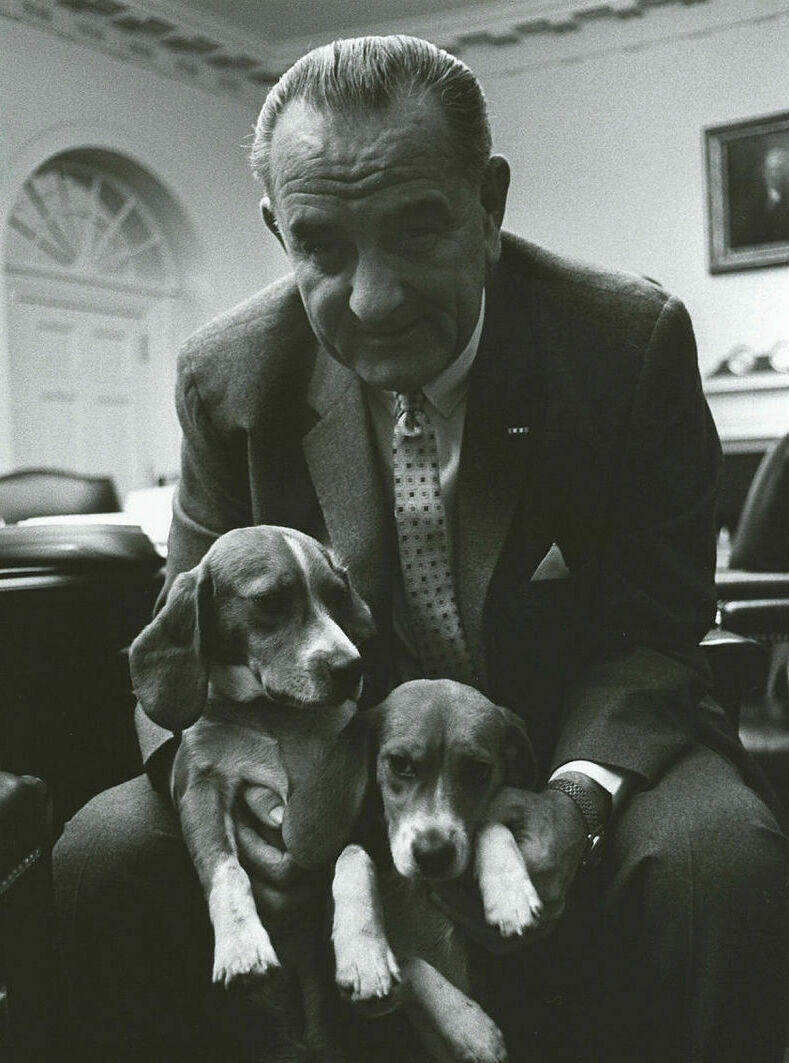 President Lyndon B. Johnson with his beagles, Him and Her.
