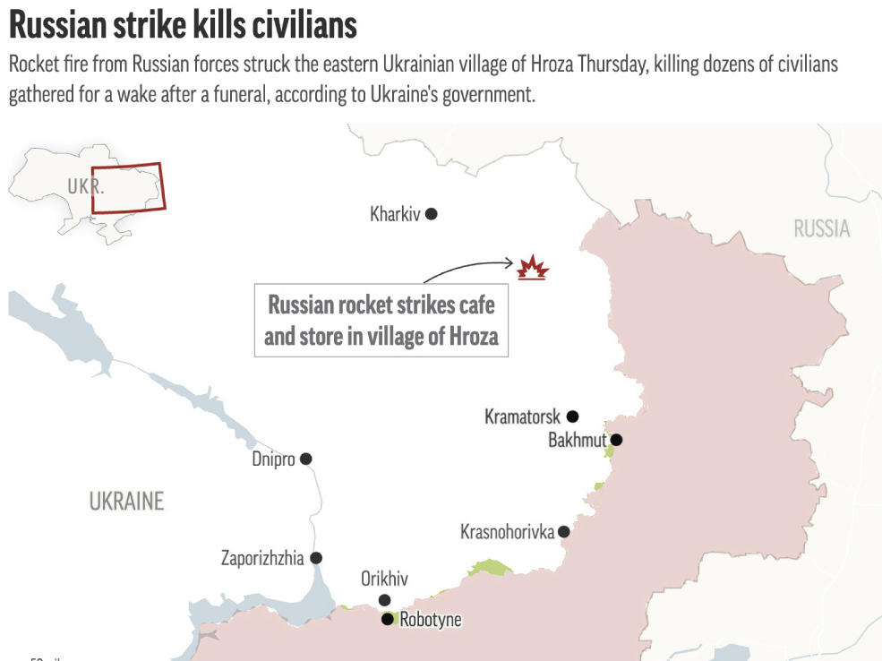 Ukrainian officials say a Russian rocket attack hit a village in eastern Ukraine Thursday, killing dozens of civilians gathered after a funeral.
