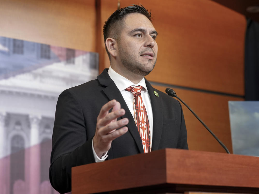 Rep. Gabe Vasquez, D-N.M., speaks during a Capitol Hill news conference on June 15. On Friday, a New Mexico state judge ruled against a Republican Party challenge of congressional boundaries approved by Democrats that divvied up a politically conservative region.