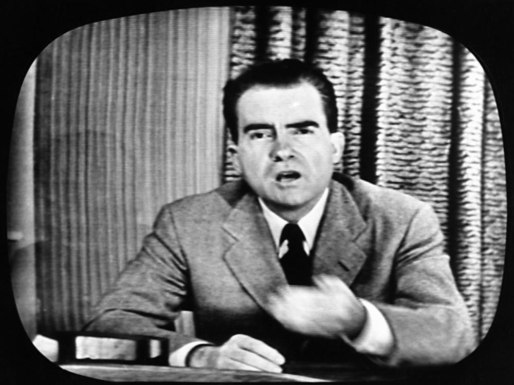 Richard Nixon, Republican candidate for the vice presidency, explains an $18,000 expense fund on national television in September 1952. The appearance was nicknamed his 