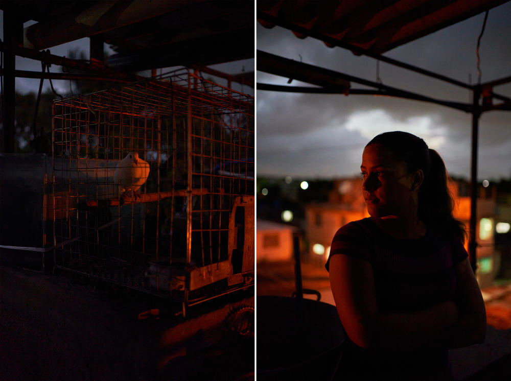 <strong>Left:</strong> A bird in a cage on the roof of the house where Maidel used to live with her sister, Laura, and her family in Guanabacoa, Cuba. <strong>Right:</strong> Laura, Maidel's sister, on the roof of the house.