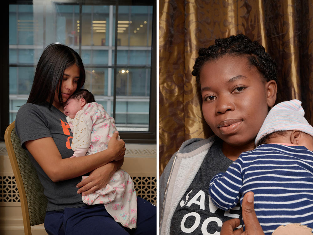 (Left) Daríana Perdigón, originally from Venezuela, and her newborn Dariangelys and (Right) Magdala Ciceron with her child Amaya, pose for portraits in the maternity care unit at the Roosevelt Hotel's medical clinic.