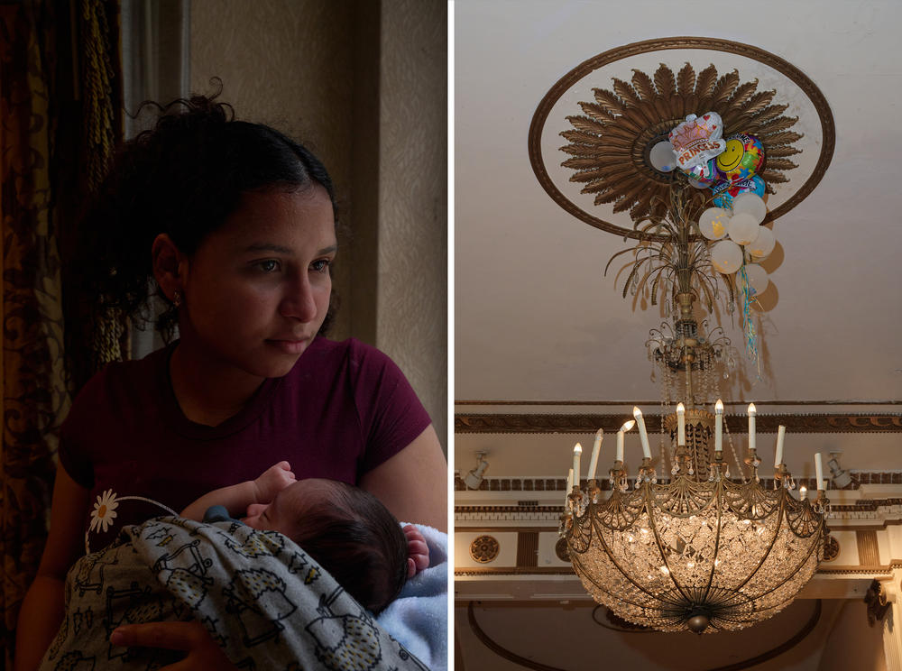 (Left) Yuniaski López, from Venezuela, poses for a portrait in the Roosevelt Hotel's medical clinic. (Right) Balloons are stuck on the ceiling at the hotel.
