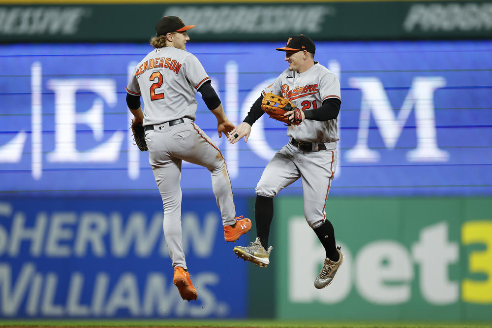 Shortstop Gunnar Henderson (left) and outfielder Austin Hays celebrate a 2–1 win against the Cleveland Guardians at Progressive Field on Sept. 23 in Cleveland.