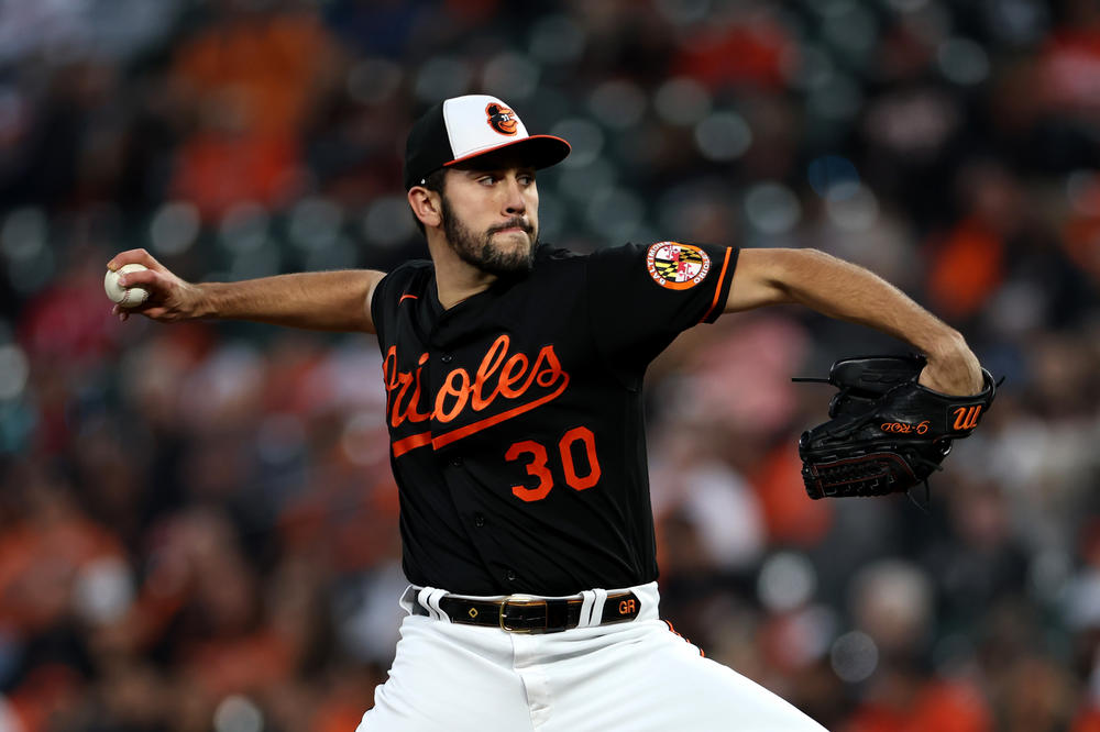 Baltimore Oriole Grayson Rodriguez pitches to a Washington Nationals batter in the second inning at Camden Yards on Sept. 27.