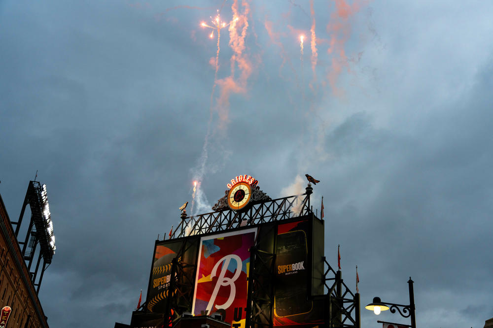 Fireworks shoot up after a home run by the Orioles.