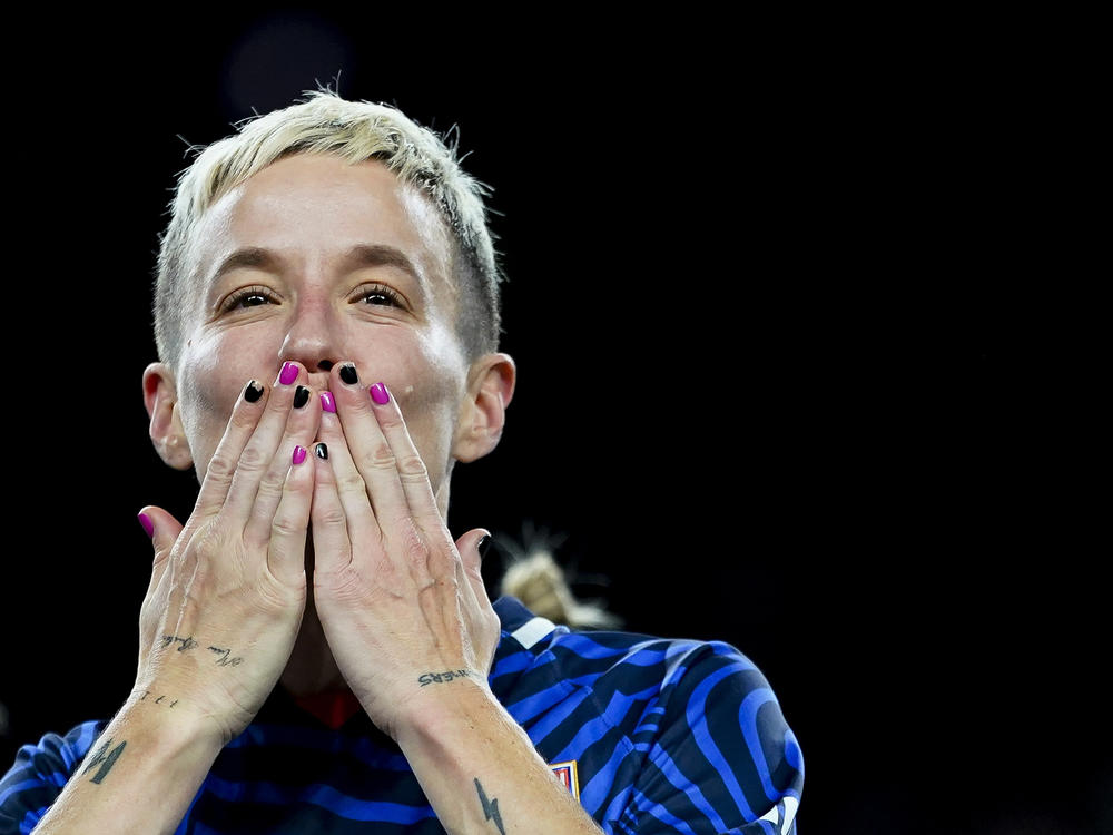 OL Reign forward Megan Rapinoe blows a kiss during a ceremony honoring her career, after the team's NWSL soccer match against the Washington Spirit on Friday, Oct. 6, 2023, in Seattle. The Spirit and the Reign played to a scoreless draw in Rapinoe's final regular-season home game before her retirement at the end of the season.